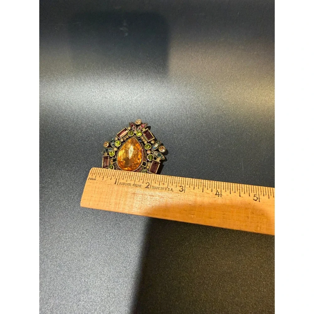 Heidi Daus Amber Crystal Statement Brooch Multi-Color Rhinestone Pendant Bronze